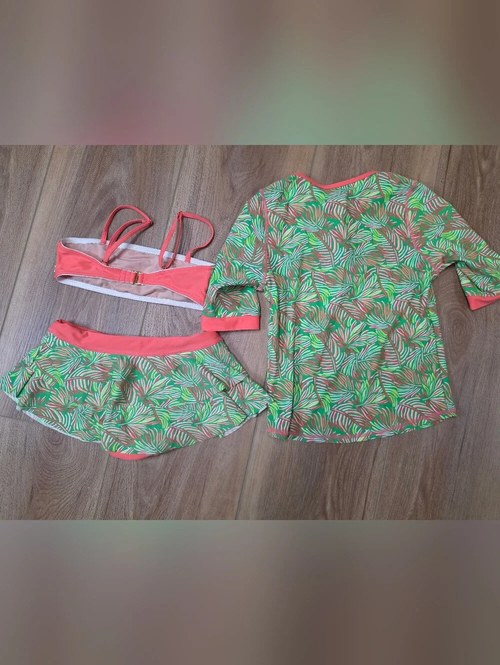 Cabana Life Coral Trim Green Pink Tropical Print Swim Top, Bottoms, Rashguard